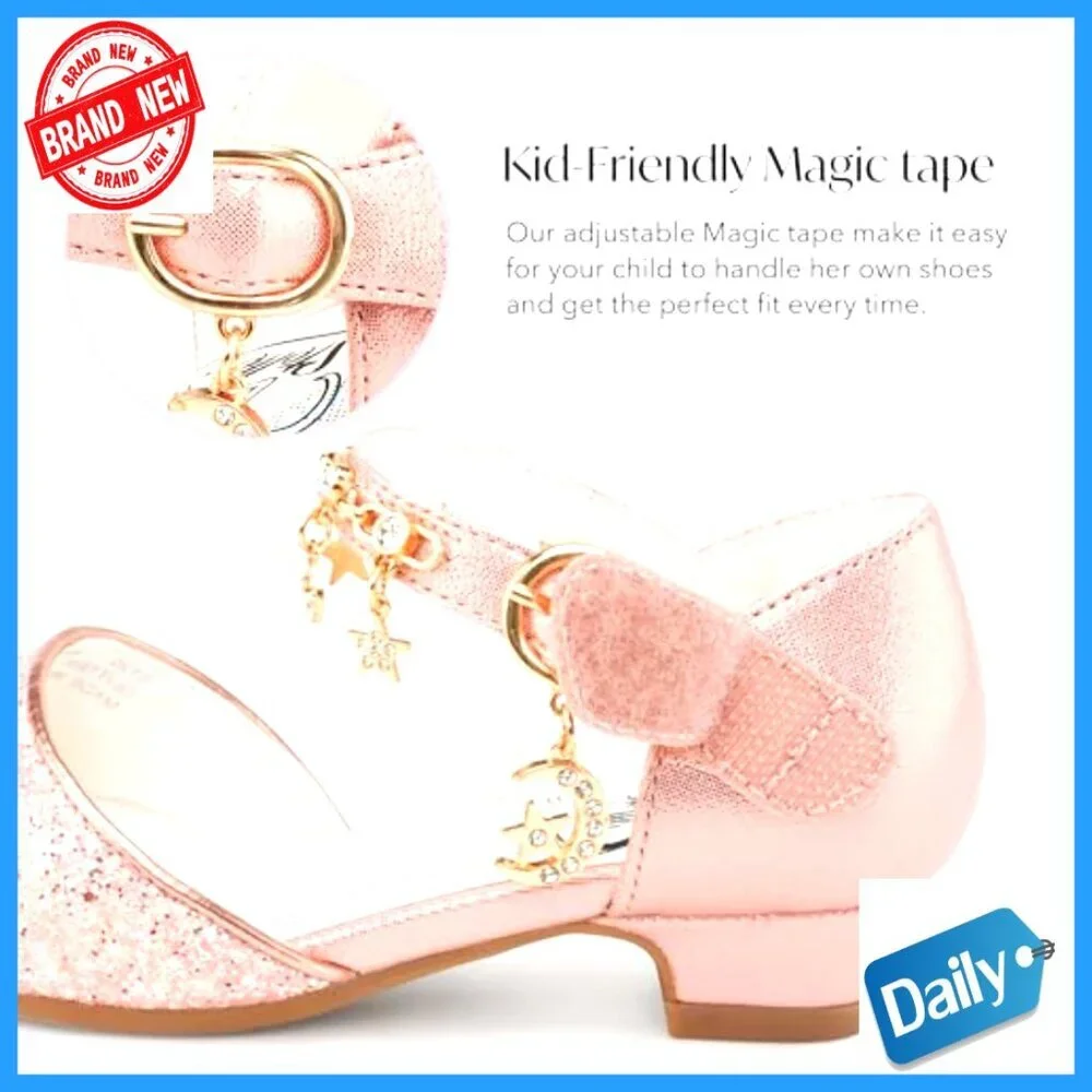 Girls Dress Sandals with Sequins Velcro Straps 1 Inch Heel Flower Wedding Party